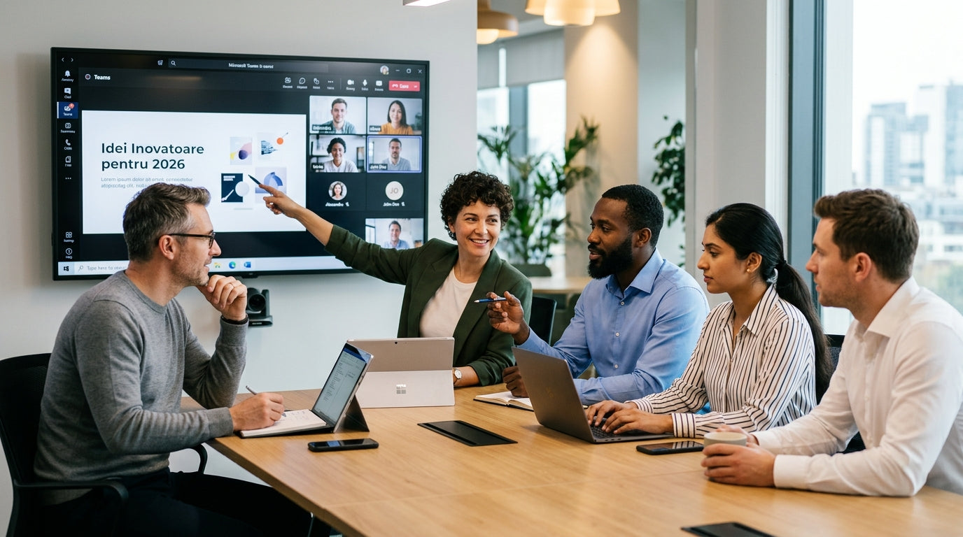 alt_text: Grup divers de profesioniști colaborează eficient în Microsoft Teams, 2026, împărtășind idei inovatoare.