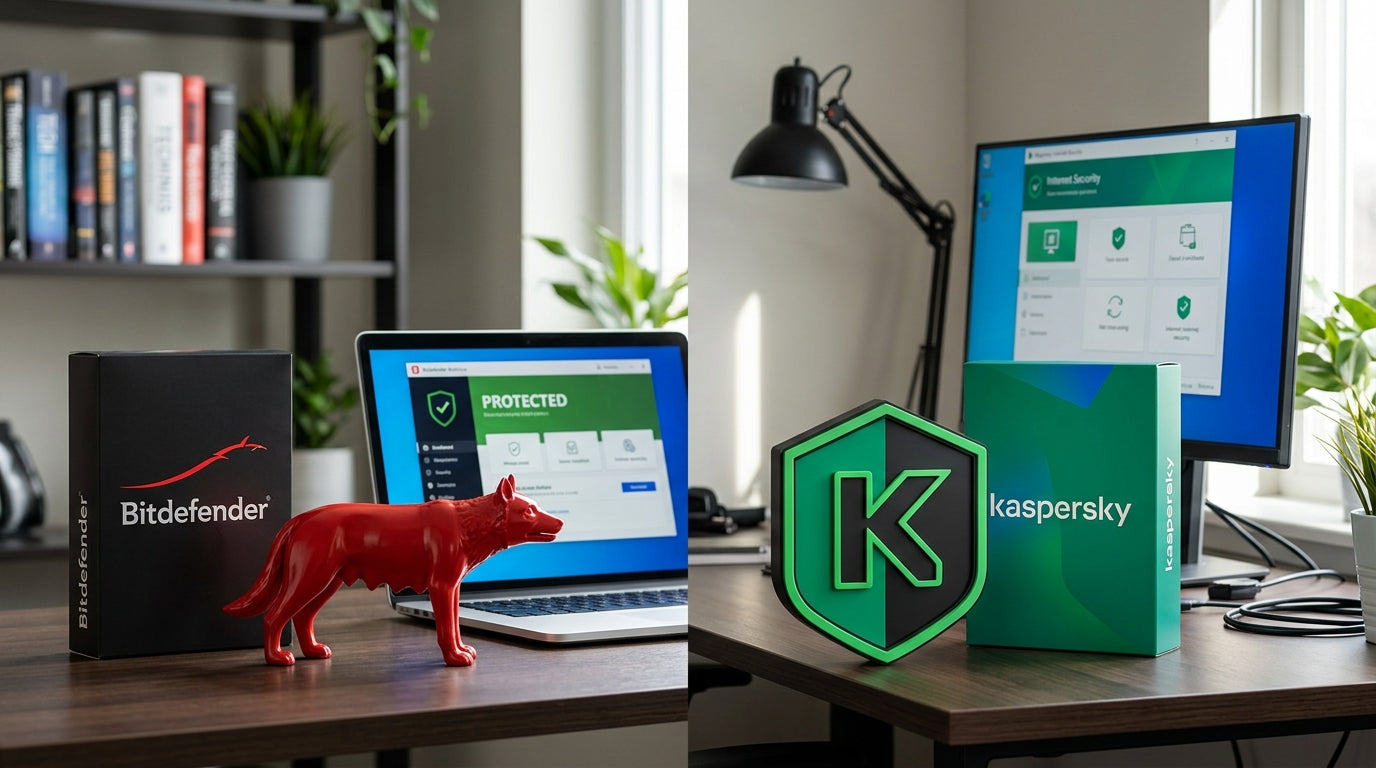 alt_text: Imagine de comparatie intre Bitdefender si Kaspersky, evidentiind simboluri ale ambelor branduri.