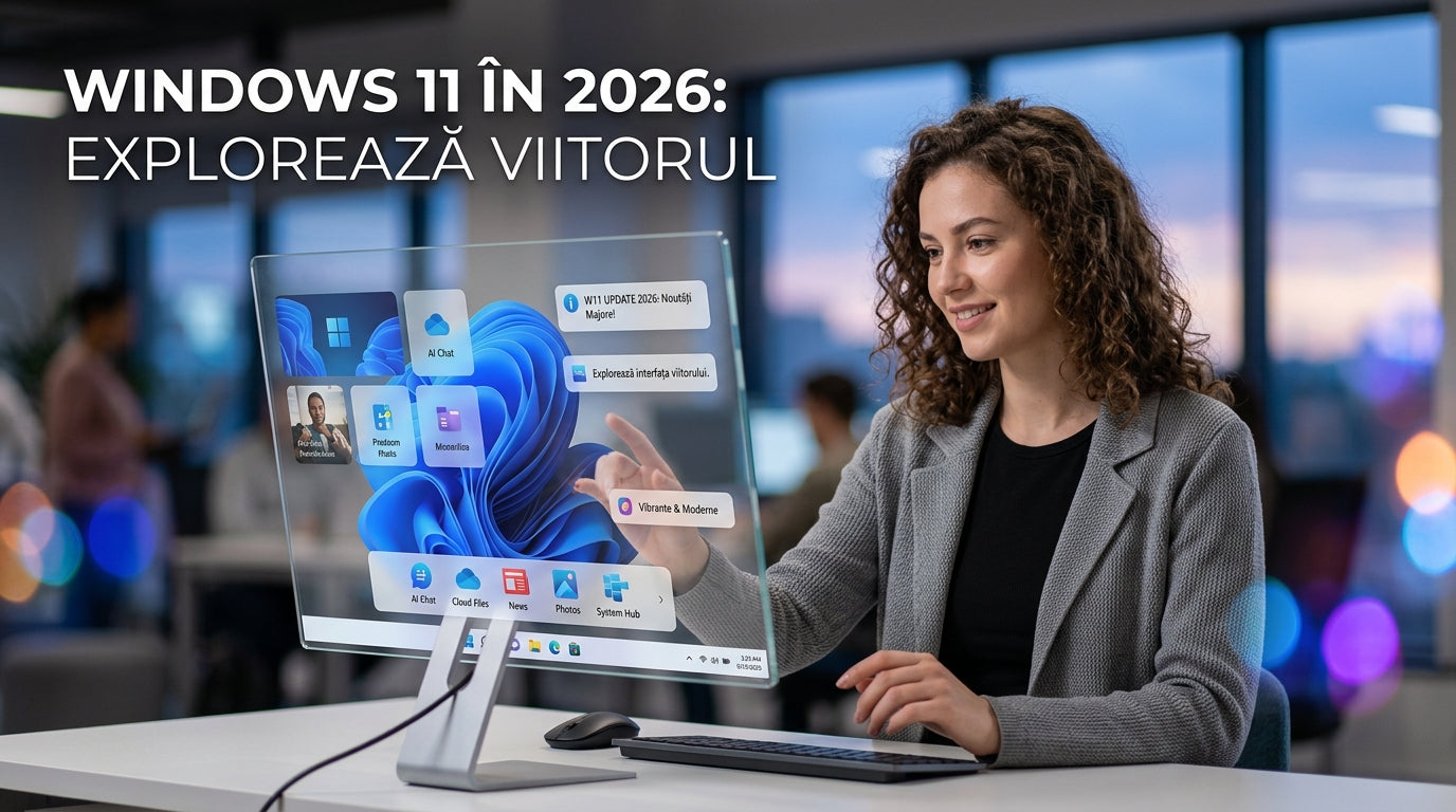 alt_text: Imagine futuristă cu noutăți despre Windows 11 în 2026, cu interfețe moderne și culori vibrante.