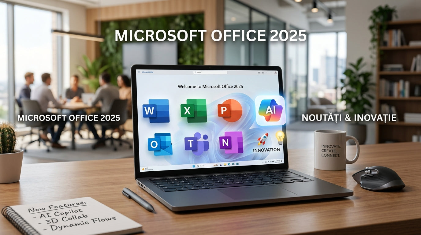 alt_text: Imagine modernă cu simboluri Microsoft Office 2025, evidențiind noutățile și inovația.