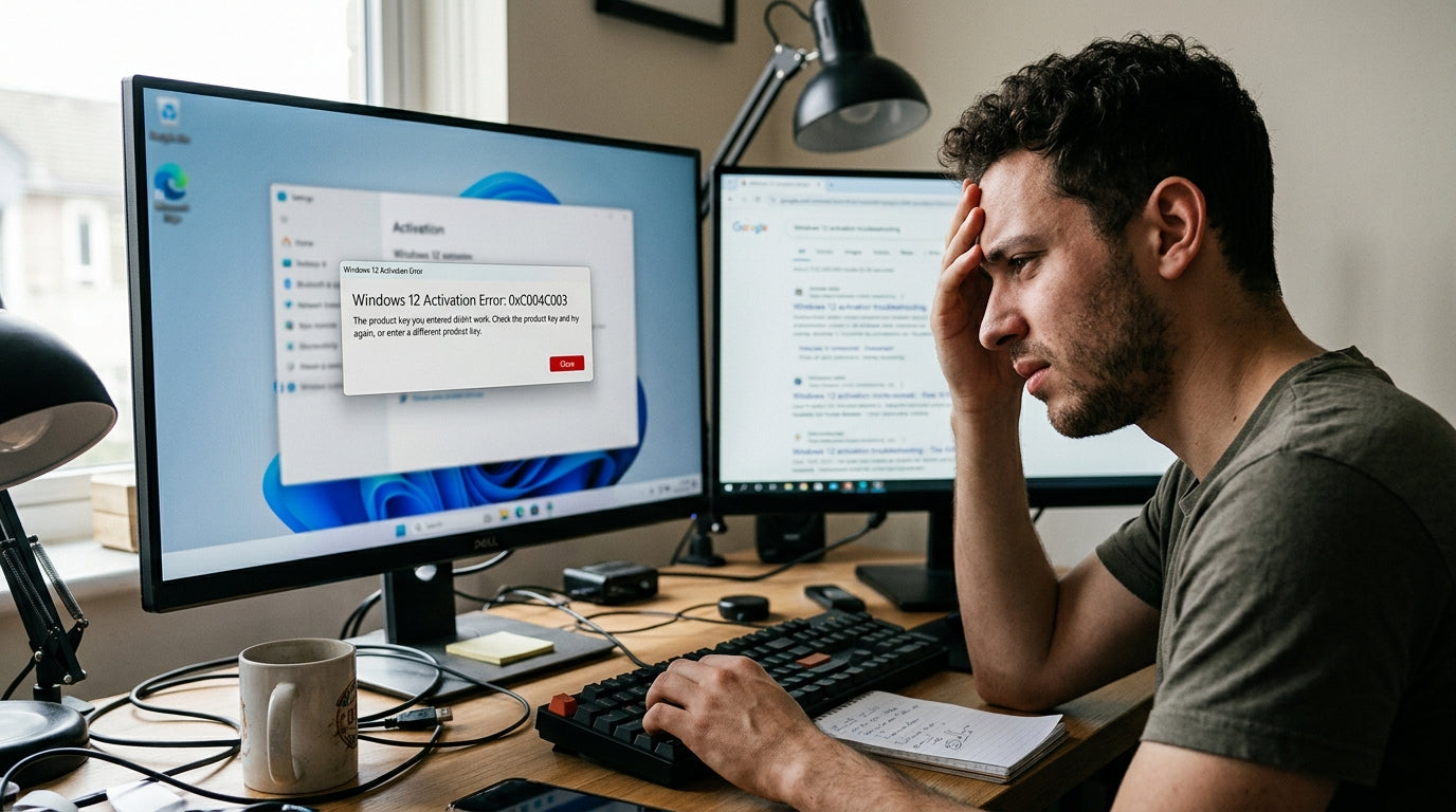 alt_text: Imaginea ilustrează probleme frecvente la activarea Windows 12, cu erori și utilizator frustrat.