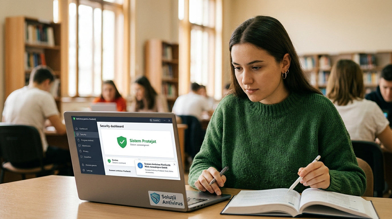 alt_text: Imagine colorată care ilustrează soluții antivirus pentru studenți și elevi într-un mediu digital.