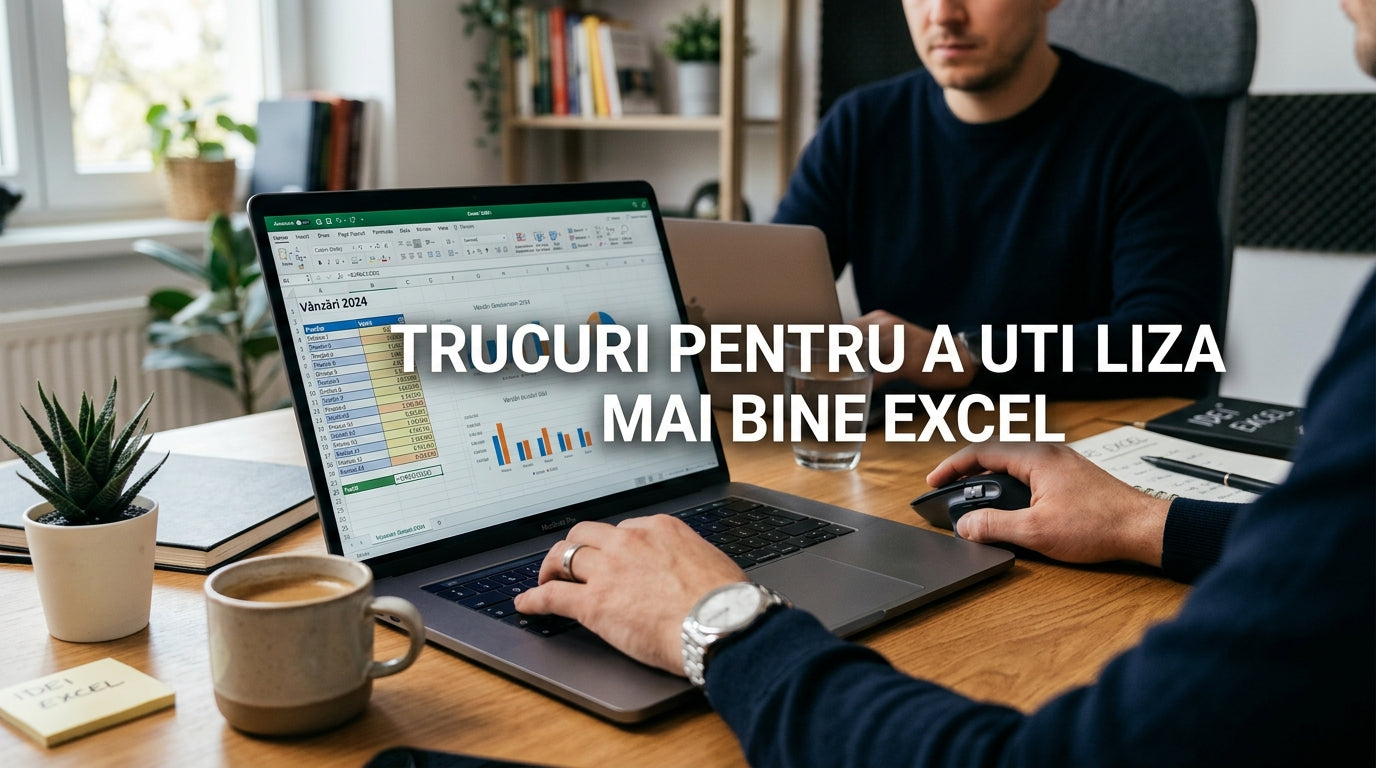 alt_text: Spațiu de lucru modern cu laptop și Excel, evidențiind trucuri pentru a utiliza mai bine Excel.
