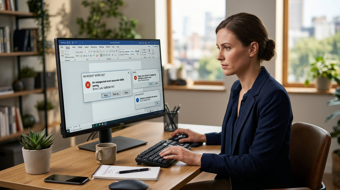 alt_text: Imagine cu un birou modern, computer și mesaje de eroare, simbolizând rezolvarea erorilor comune în Microsoft Office 2027.