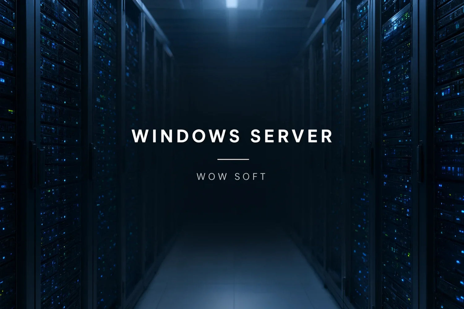 Sală de servere cu rack-uri, banner pentru licențele Windows Server de la WOW SOFT