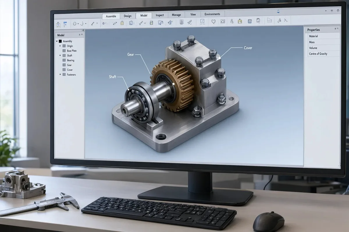 Ansamblu mecanic 3D modelat in Autodesk Inventor, cu arborele de piese
