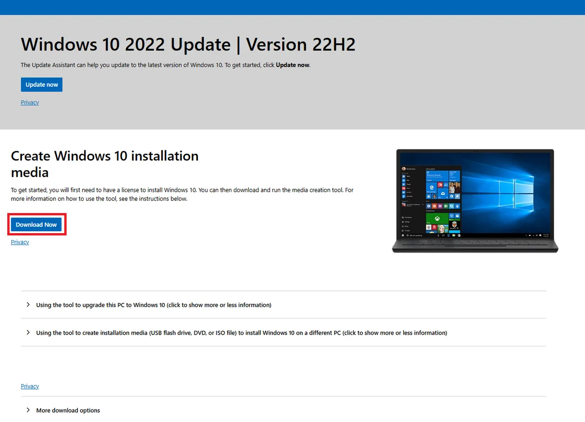 1. Descarcati imaginea ISO din linkul afisat <a href="https://www.microsoft.com/en-us/software-download/windows10?msockid=10c8e8ce5113608e1bd2fb7f50ca612a" title="https://www.microsoft.com/en-us/software-download/windows10?msockid=10c8e8ce5113608e1bd2fb7f50ca612a">mai sus</a>