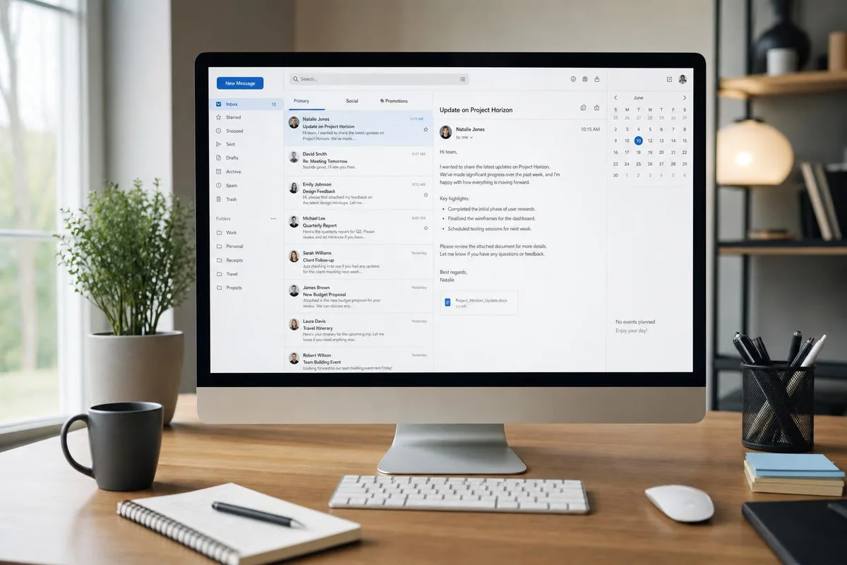 Outlook 2024 deschis pe un monitor