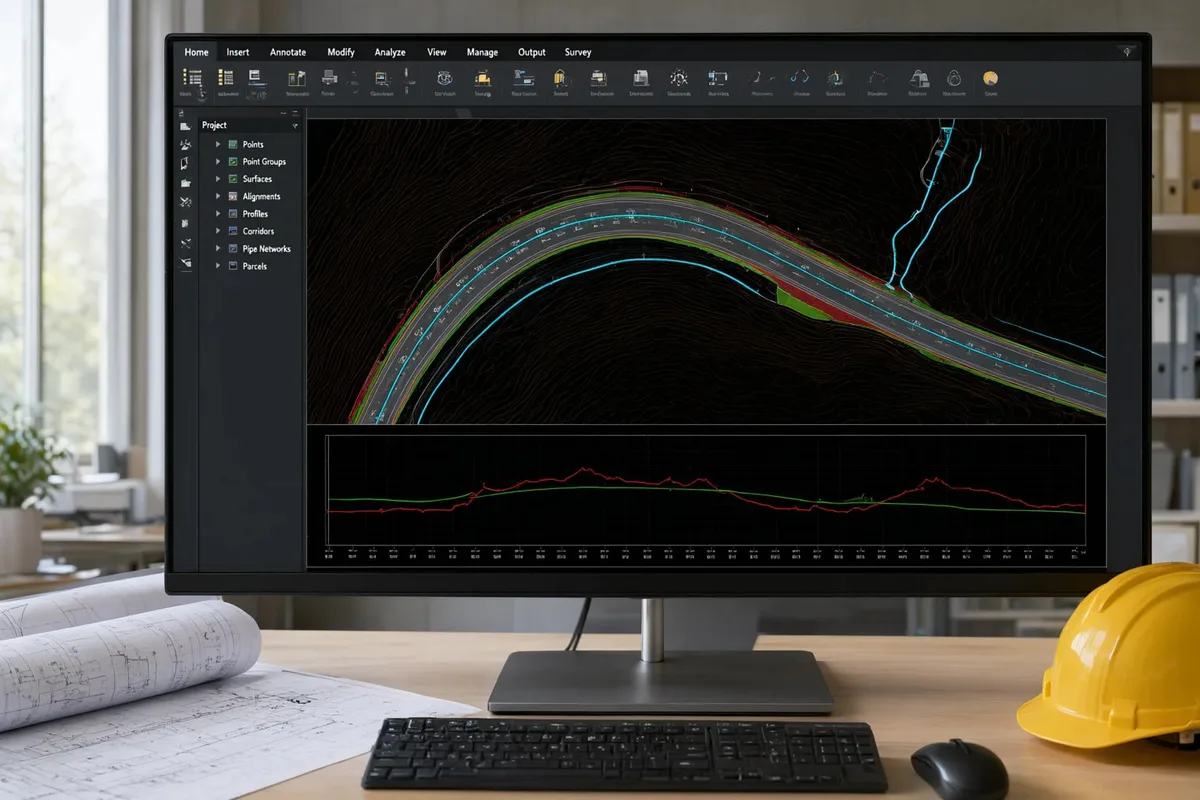 Proiect de drum in Autodesk Civil 3D, coridor in plan si profil longitudinal