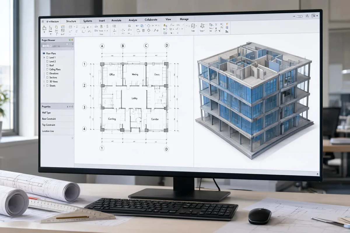 Model BIM de cladire deschis in Autodesk Revit, plan 2D si vedere 3D