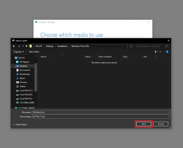 5. Selectati locatia pentru descarcarea fisierul ISO si dati Save