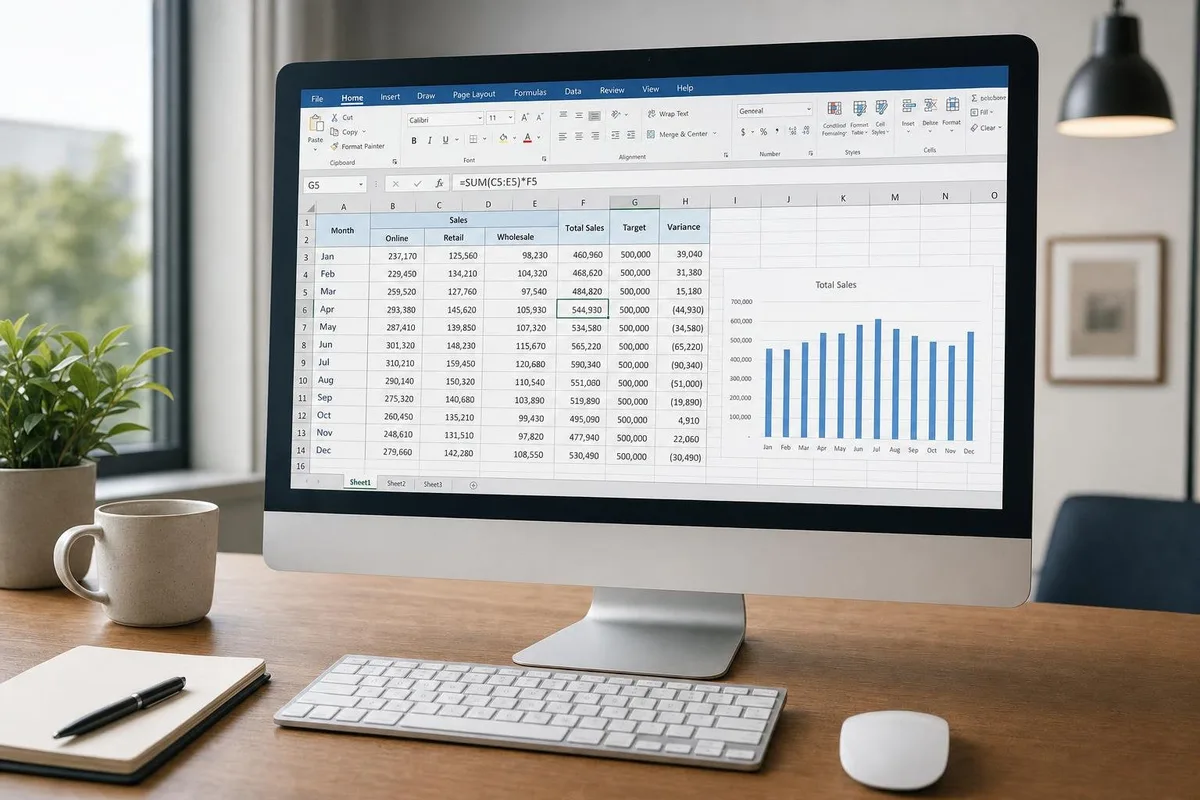 Excel 2024 deschis pe un monitor