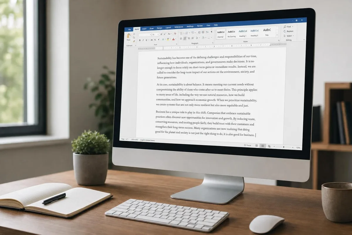 Word 2024 deschis pe un monitor, cu un document în lucru