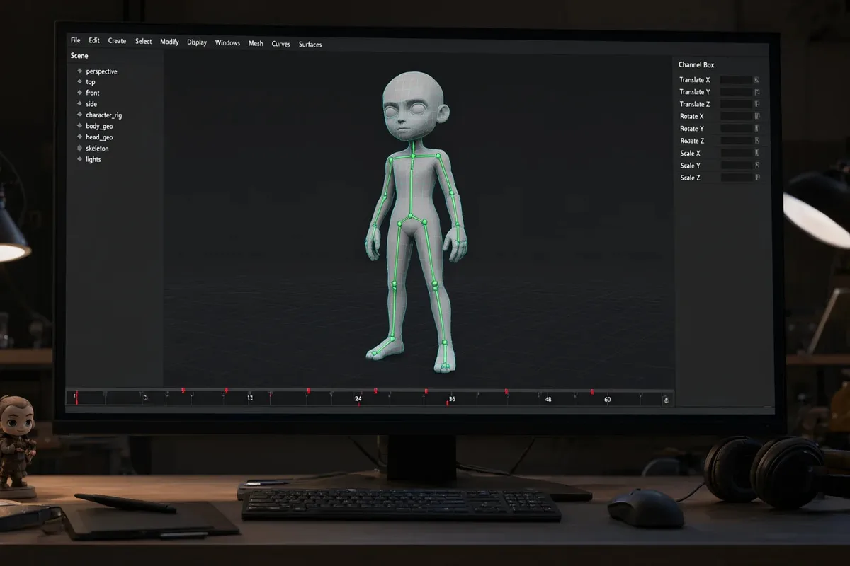 Personaj 3D animat in Autodesk Maya, cu schelet si linie de timp