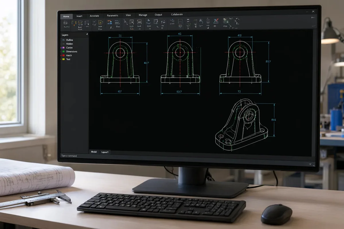 Desen tehnic 2D in Autodesk AutoCAD, proiectii cotate si vedere izometrica