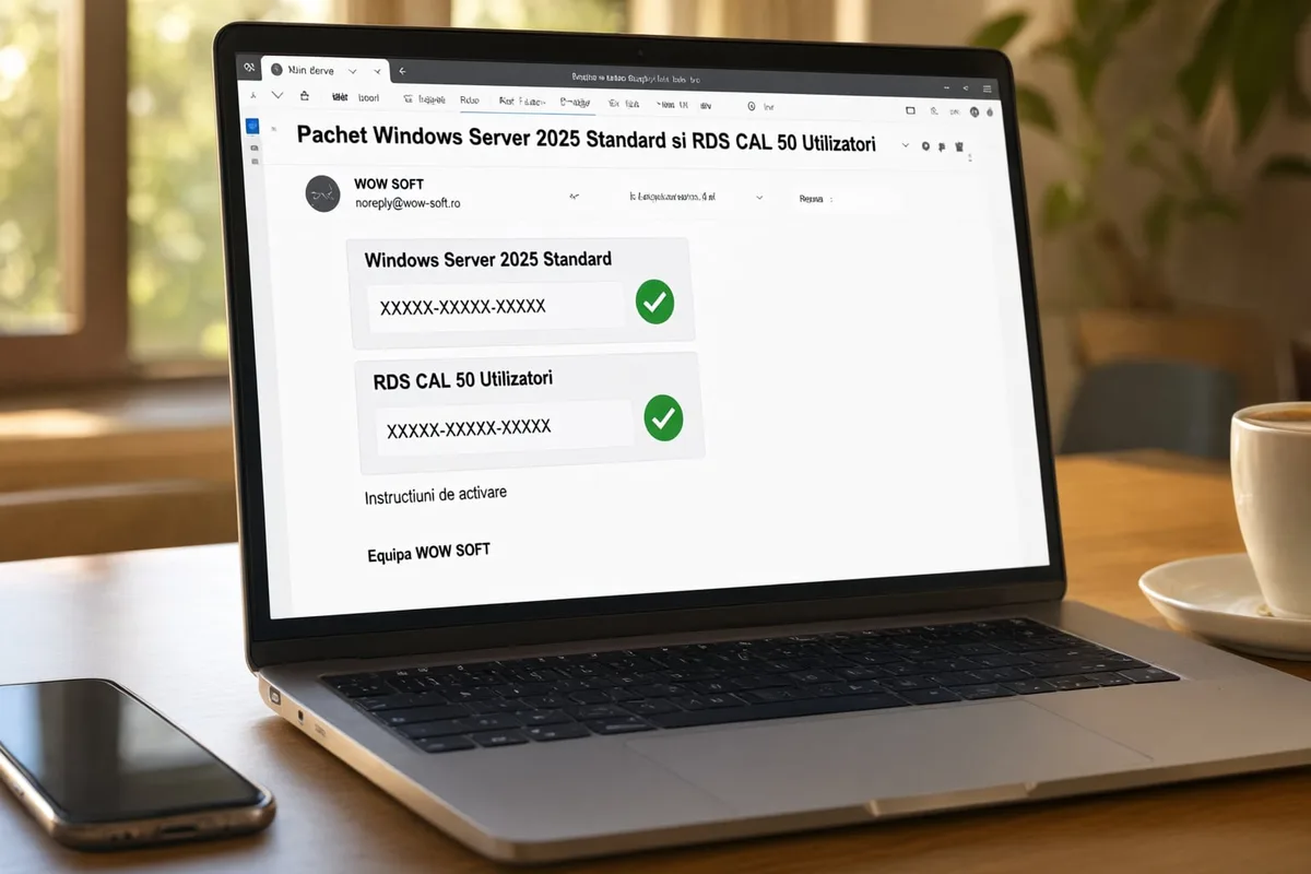 Pachetul Windows Server 2025 Standard cu RDS CAL 50 Utilizatori primit pe email