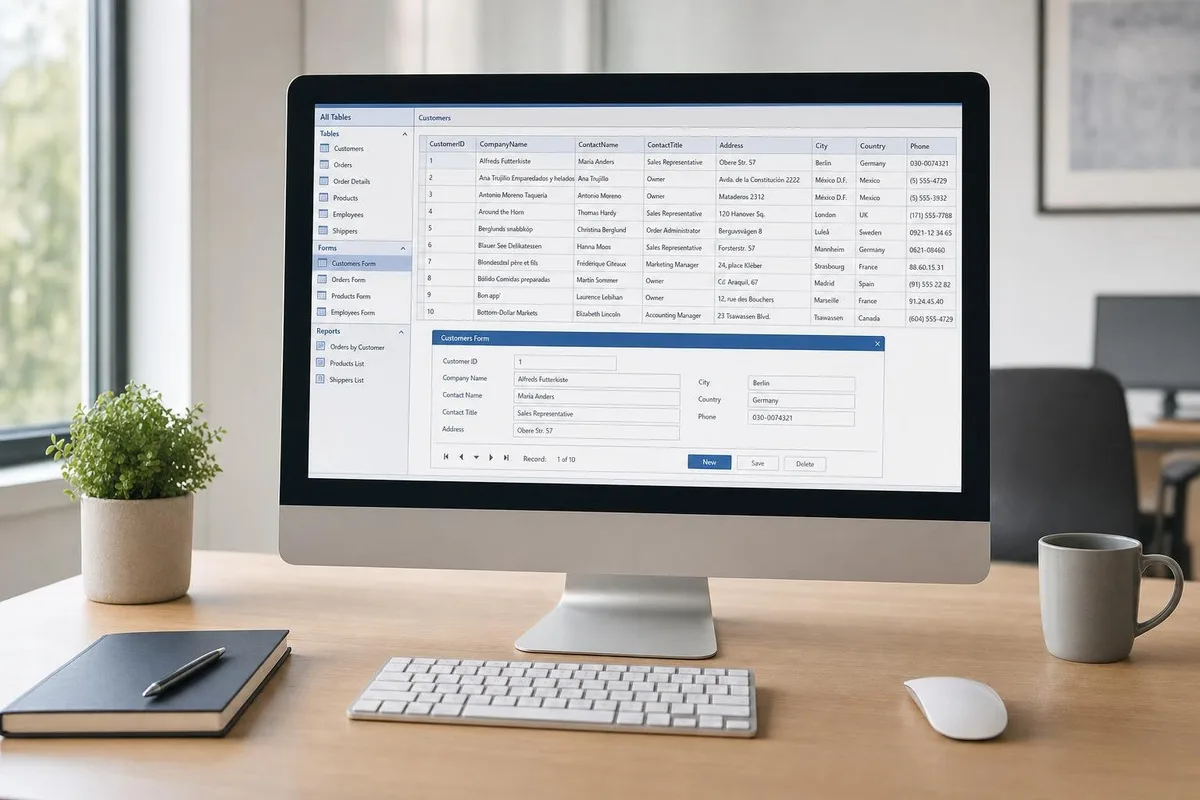 Access 2024 deschis pe un monitor