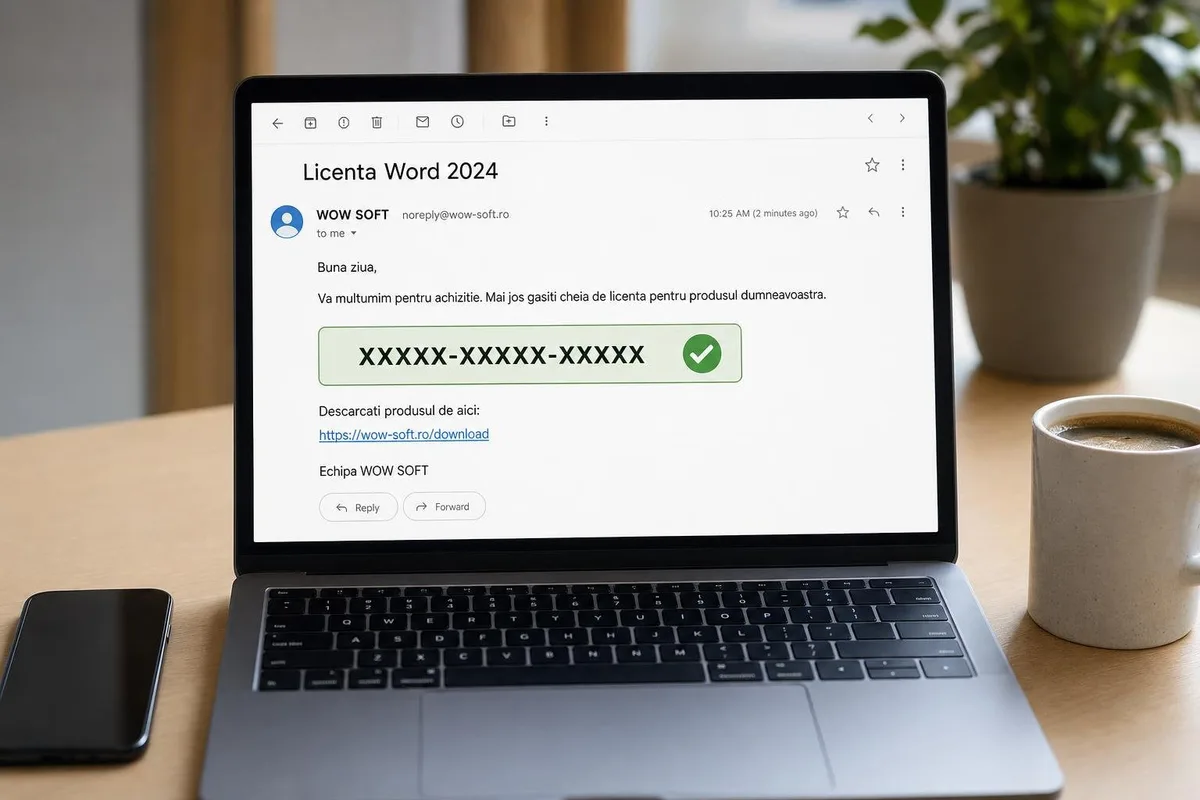 Cheia de activare Word 2024 primită pe email