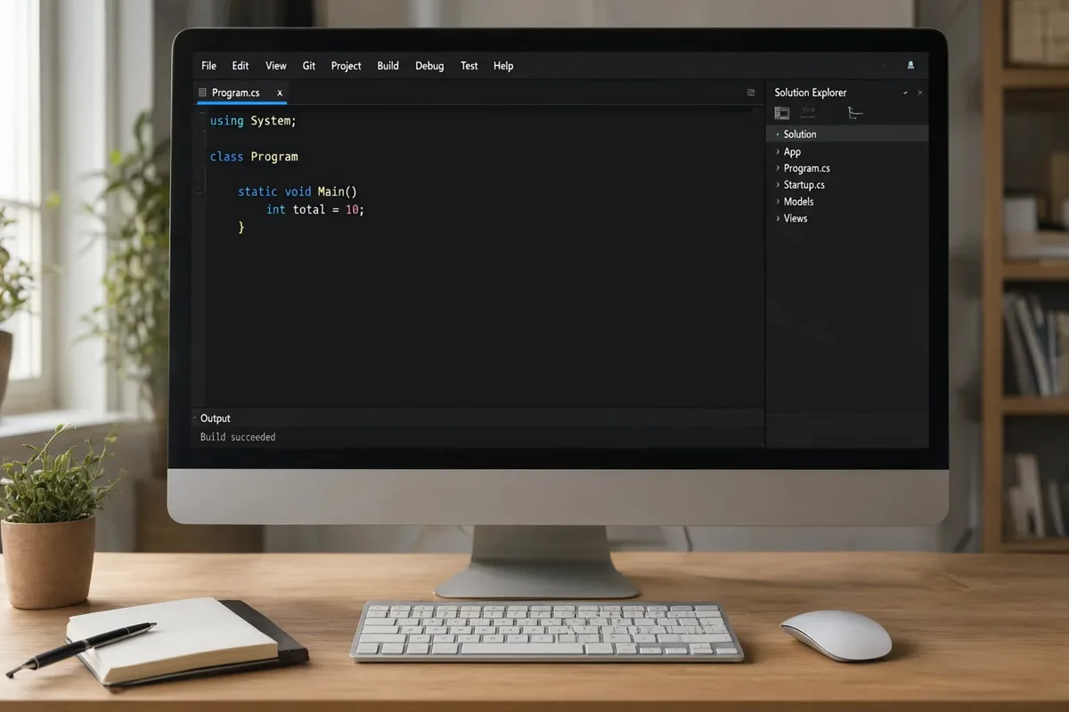 Visual Studio 2017 deschis pe un monitor, cu editorul de cod